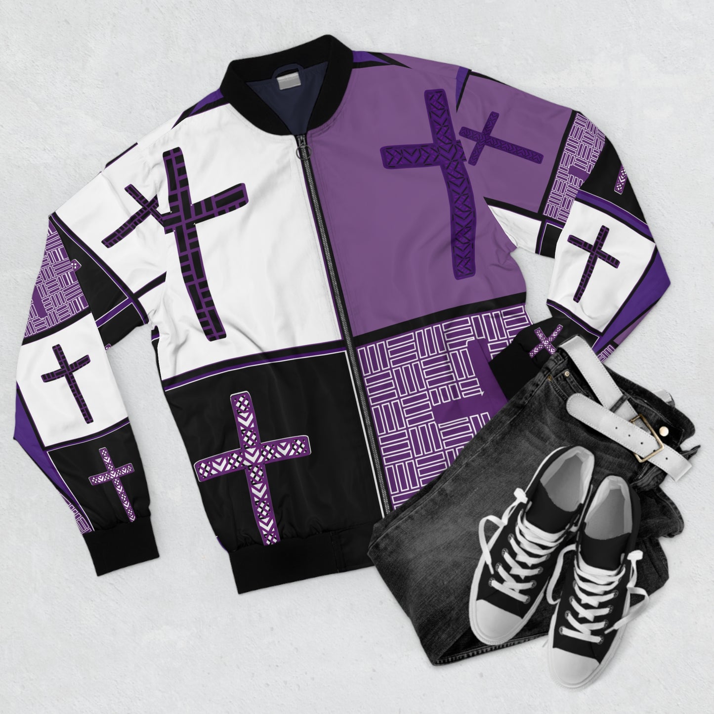 Men's Bomber Jacket (AOP) Purple Cross (8504116576575)
