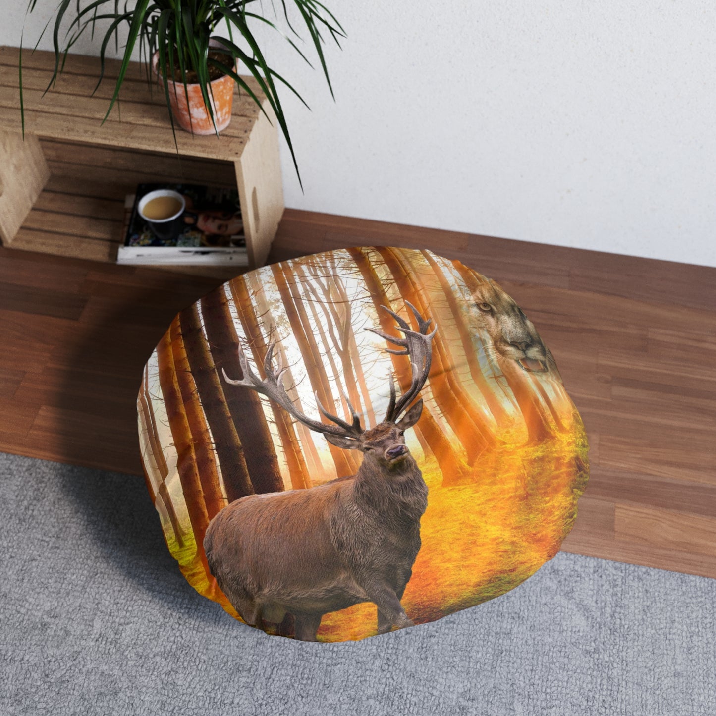 Elk and Cougar Tufted Floor Pillow, Round (8543809503551)