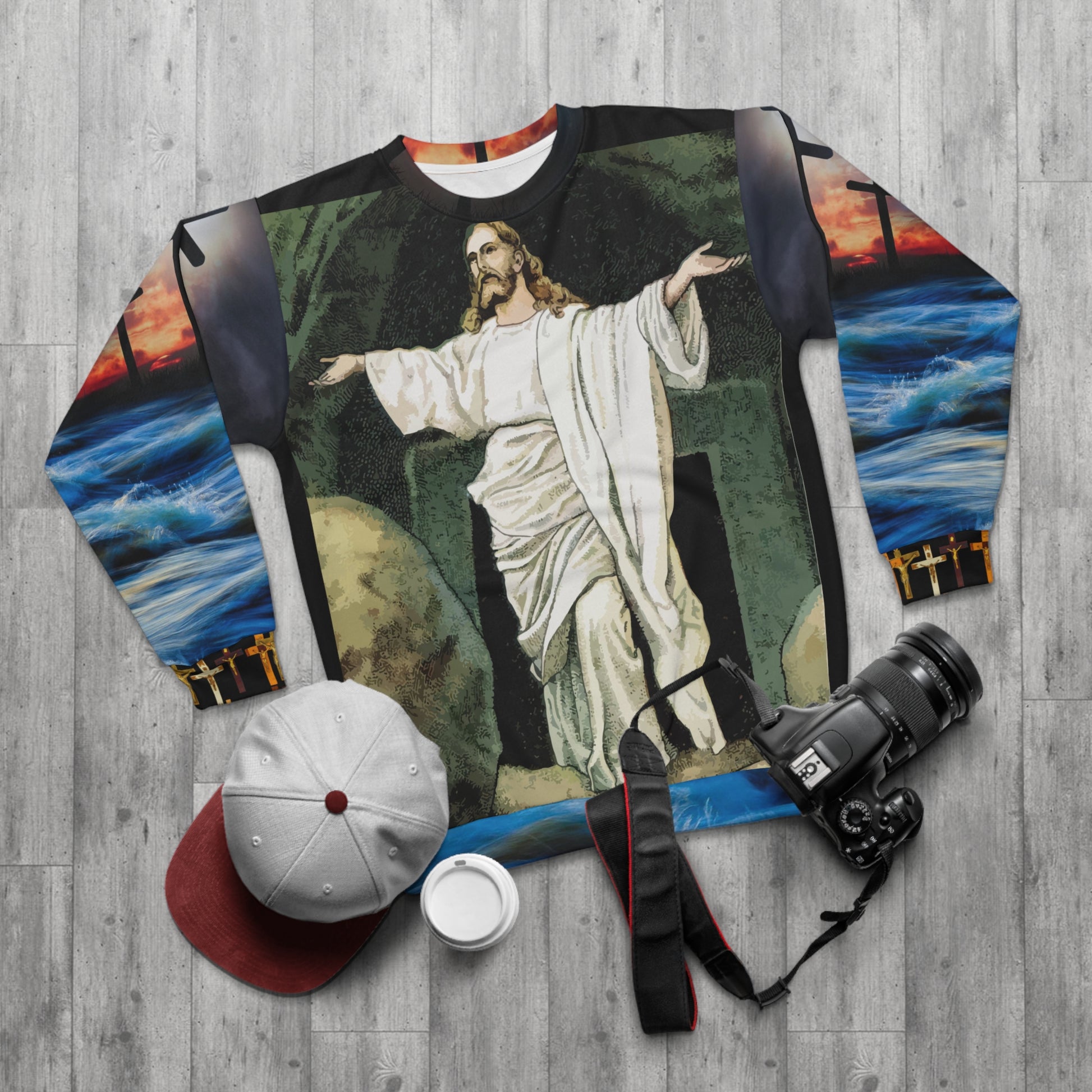 AOP Unisex Sweatshirt Jesus arms spread (8537713344831)