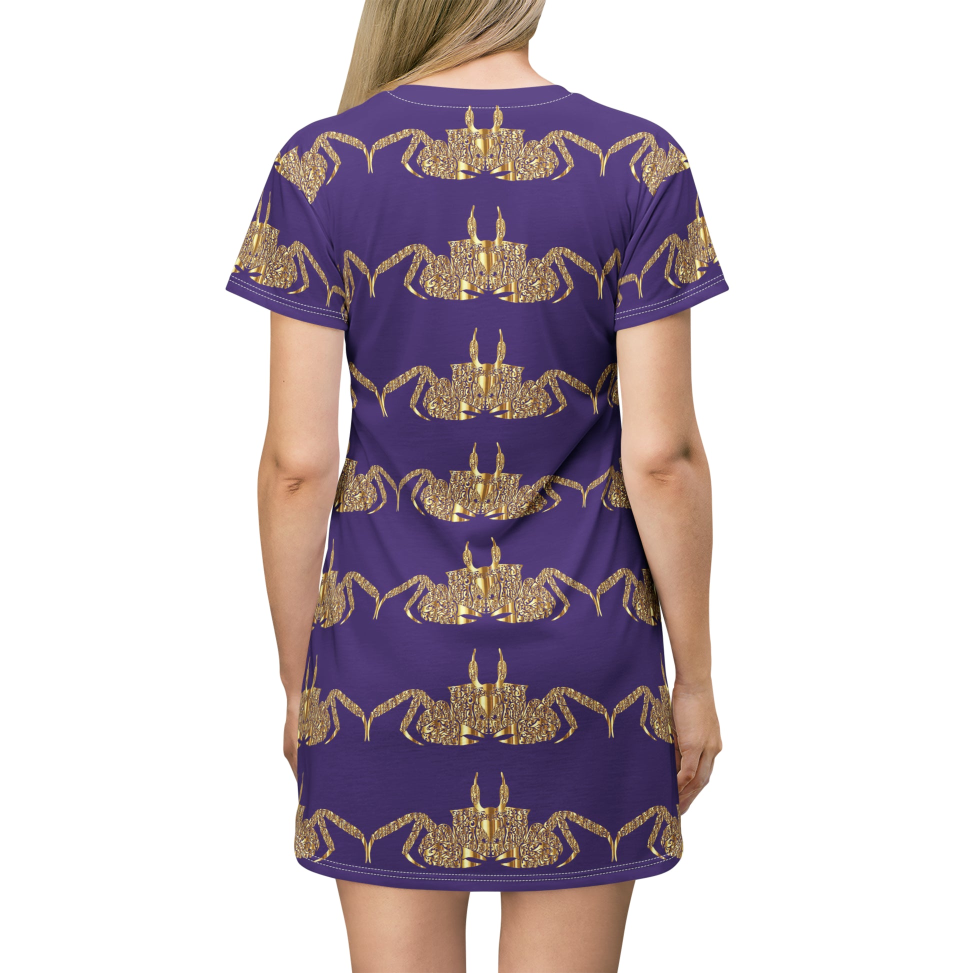 Gold crab on purple  All Over Print T-Shirt Dress (8540598960447)