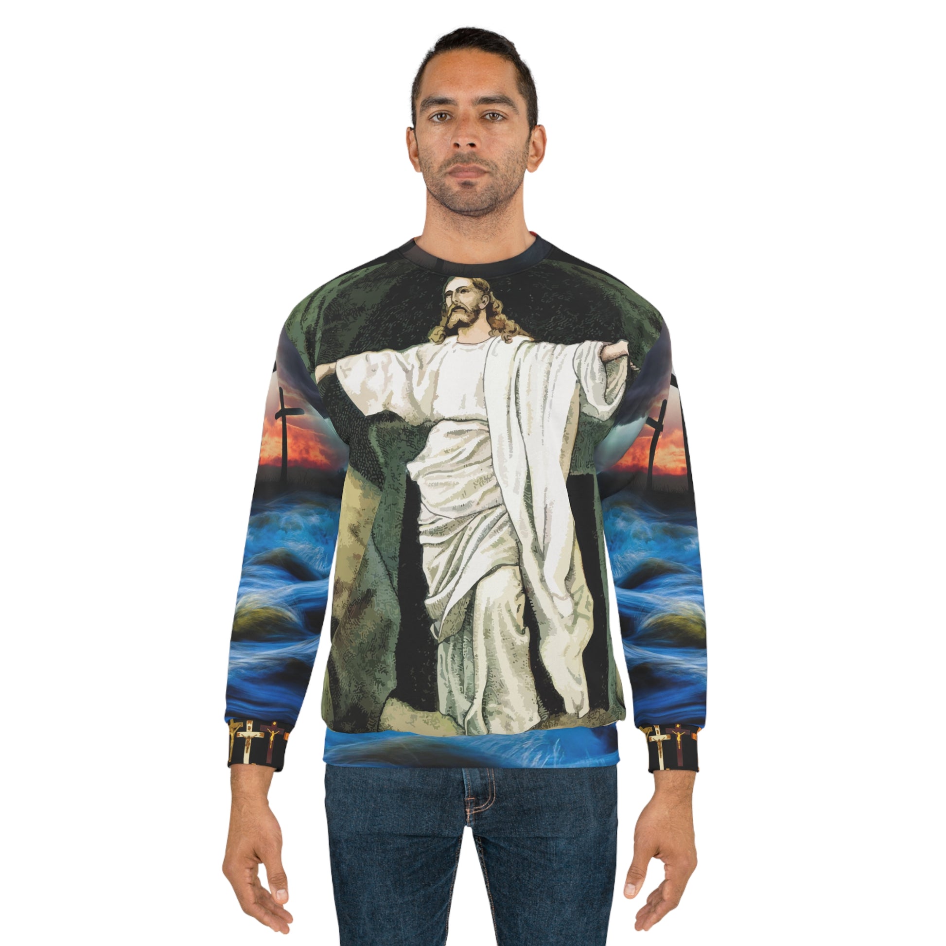 AOP Unisex Sweatshirt Jesus arms spread (8537713344831)