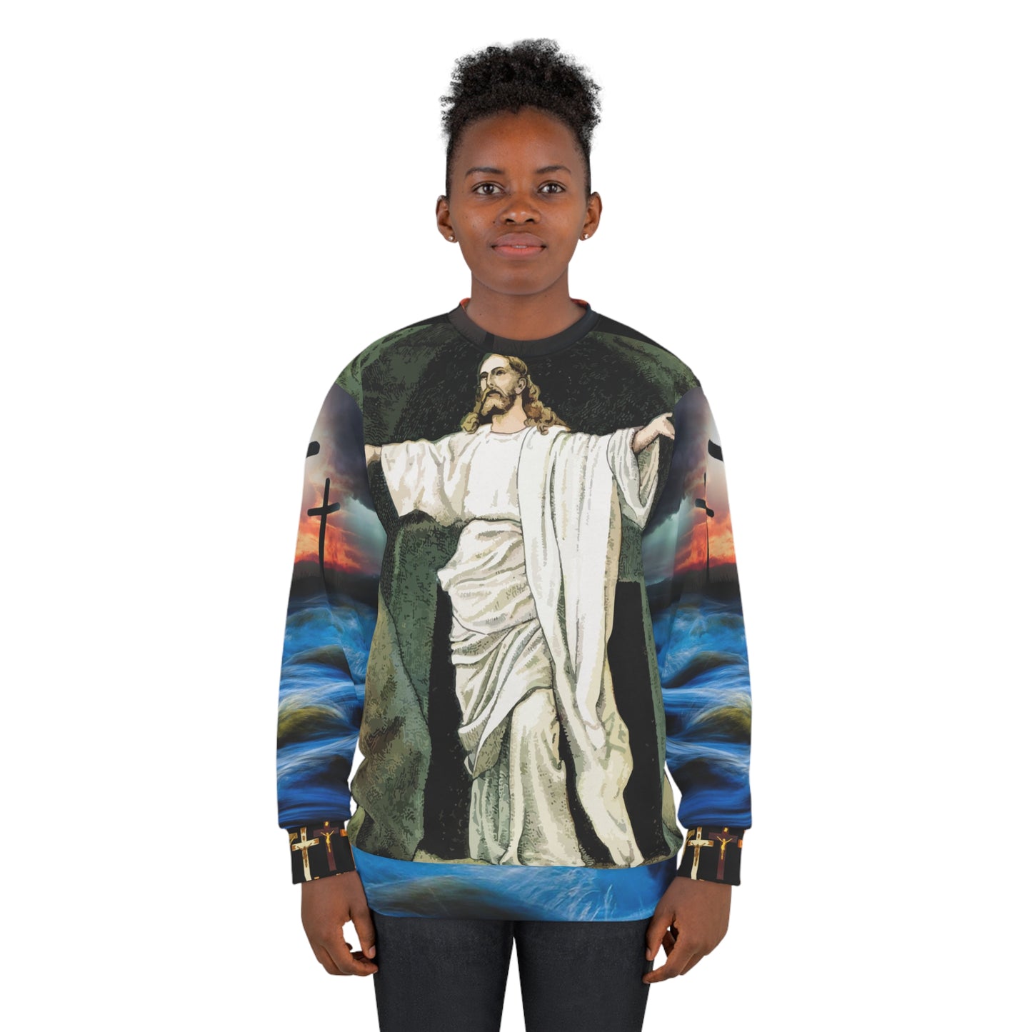 AOP Unisex Sweatshirt Jesus arms spread (8537713344831)