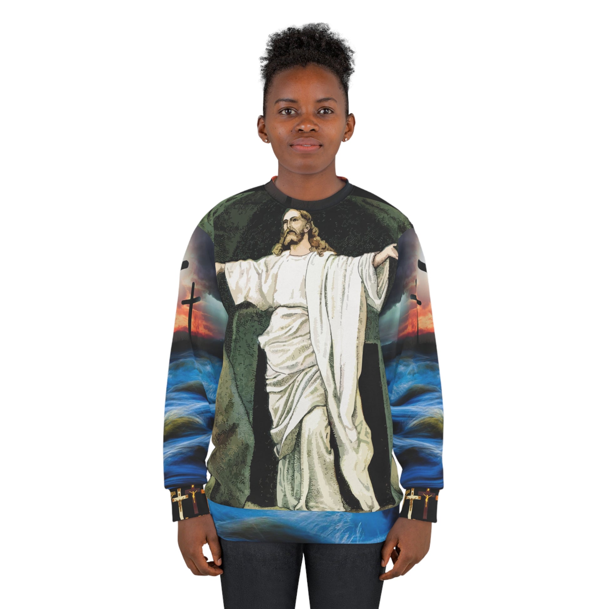 AOP Unisex Sweatshirt Jesus arms spread (8537713344831)
