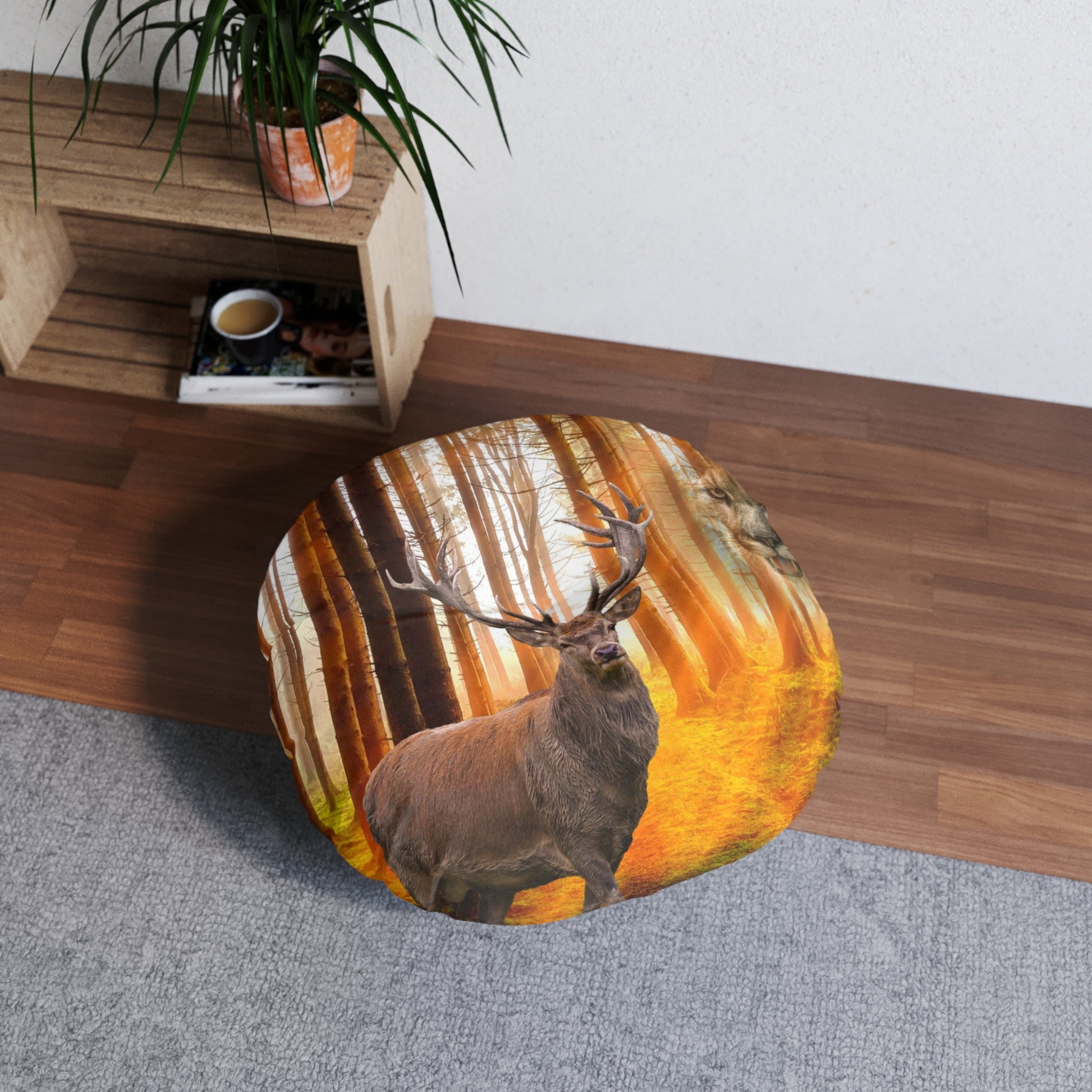 Elk and Cougar   Tufted Floor Pillow, Round (8543809503551)