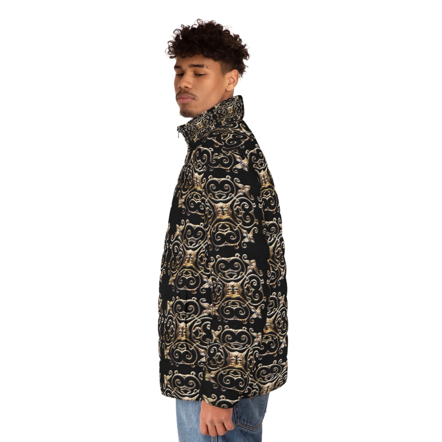 Black and Gold  Men's Puffer Jacket (AOP) (8507708047679)