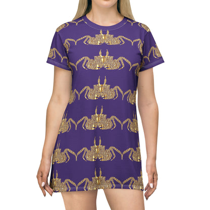 Gold crab on purple  All Over Print T-Shirt Dress (8540598960447)