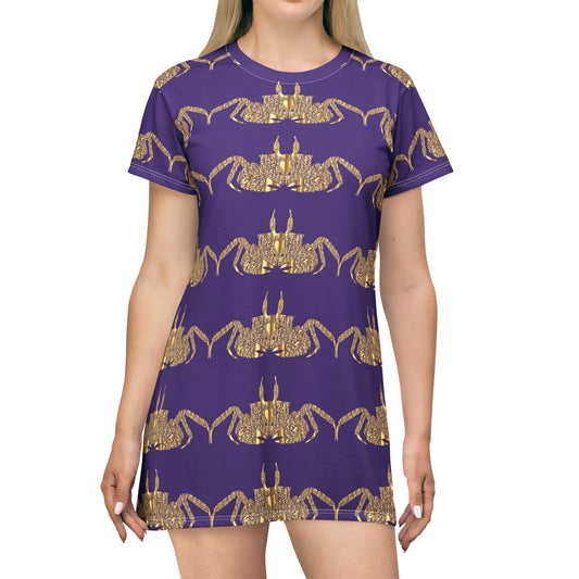 Gold crab on purple  All Over Print T-Shirt Dress (8540598960447)