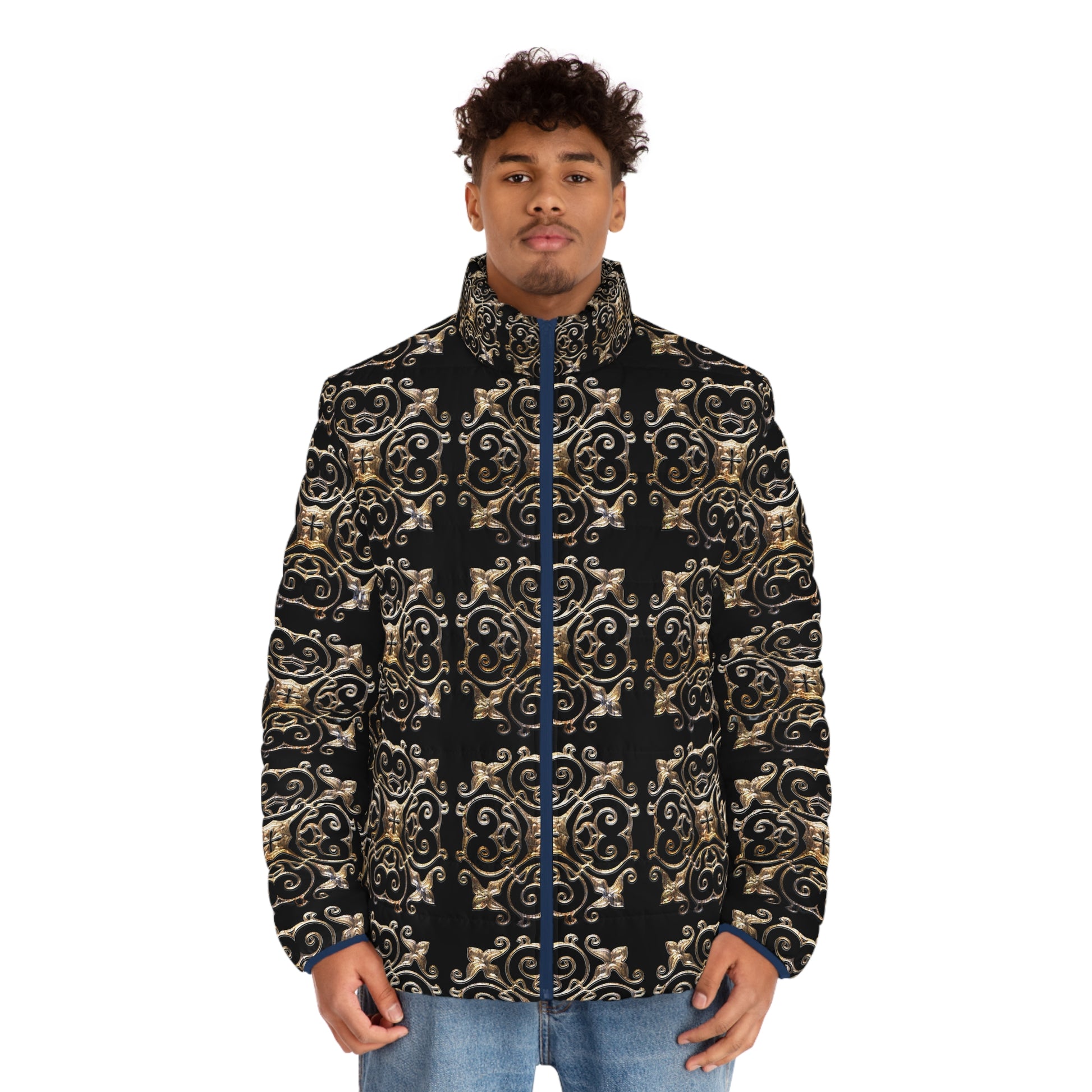 Black and Gold  Men's Puffer Jacket (AOP) (8507708047679)