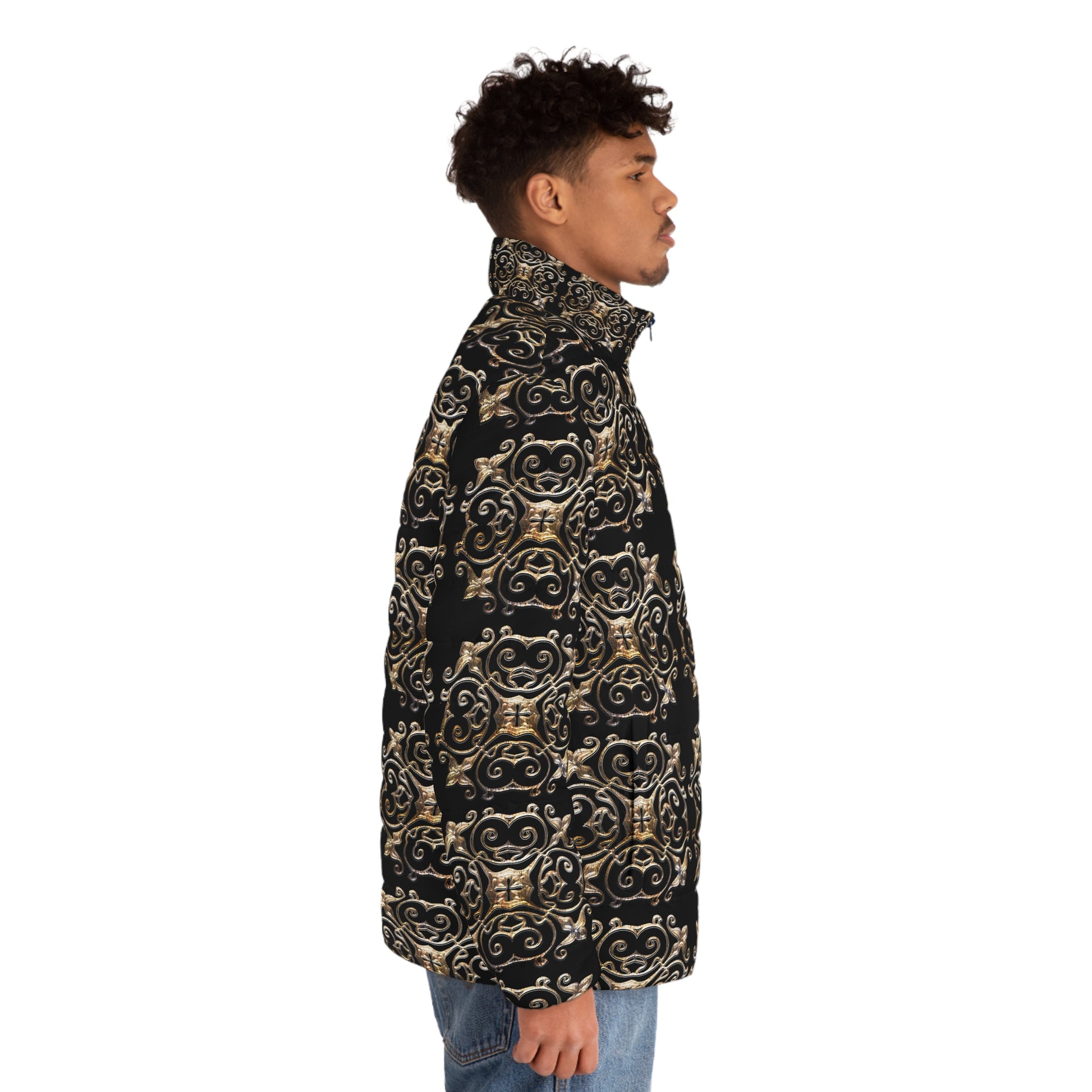 Black and Gold  Men's Puffer Jacket (AOP) (8507708047679)