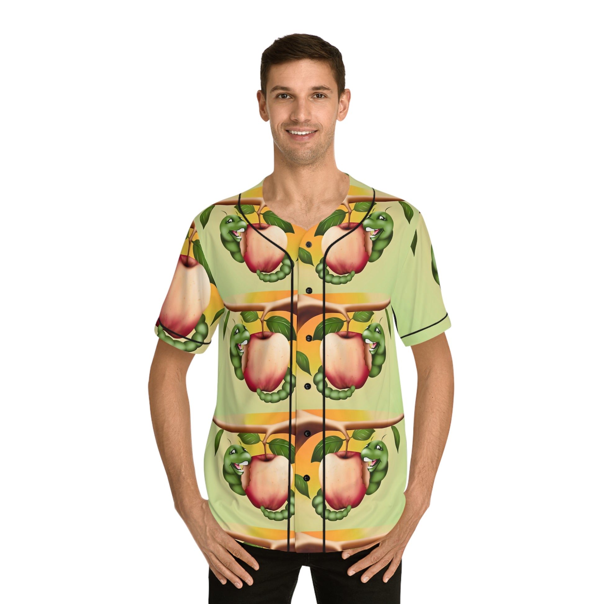 Worm and apple  Men's Baseball Jersey (AOP) (8540468937023)