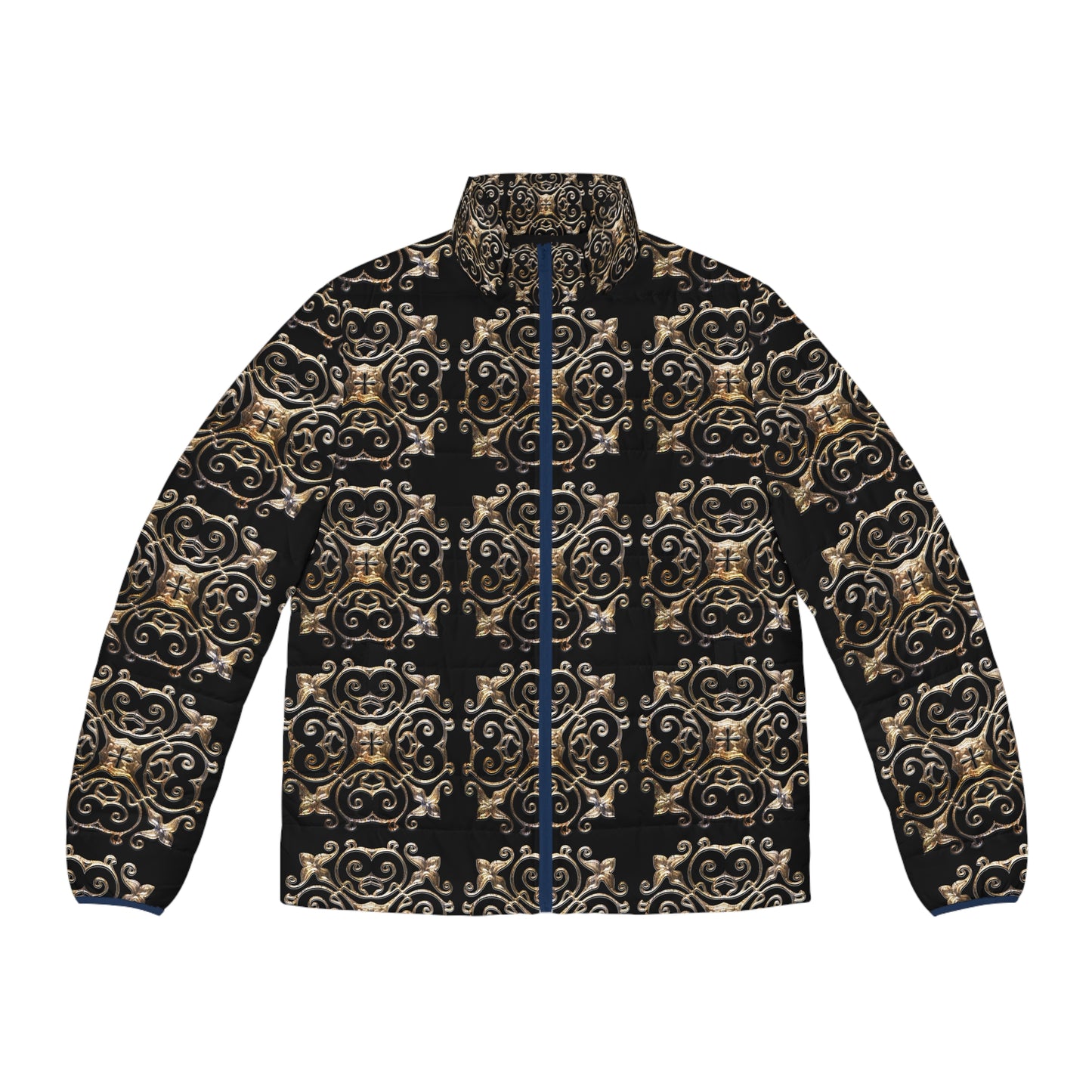 Black and Gold  Men's Puffer Jacket (AOP) (8507708047679)