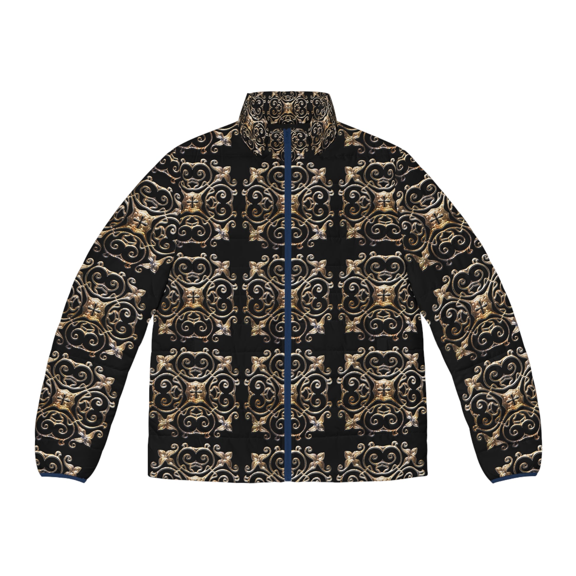 Black and Gold  Men's Puffer Jacket (AOP) (8507708047679)