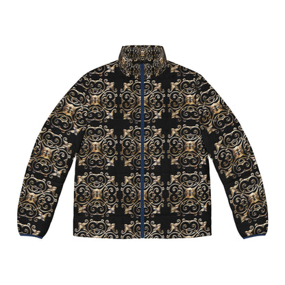 Black and Gold  Men's Puffer Jacket (AOP) (8507708047679)