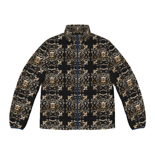 Black and Gold  Men's Puffer Jacket (AOP) (8507708047679)