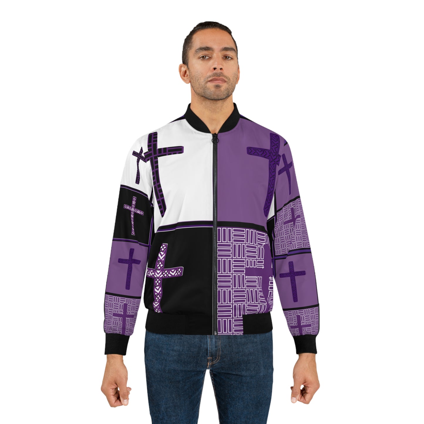 Men's Bomber Jacket (AOP) Purple Cross (8504116576575)