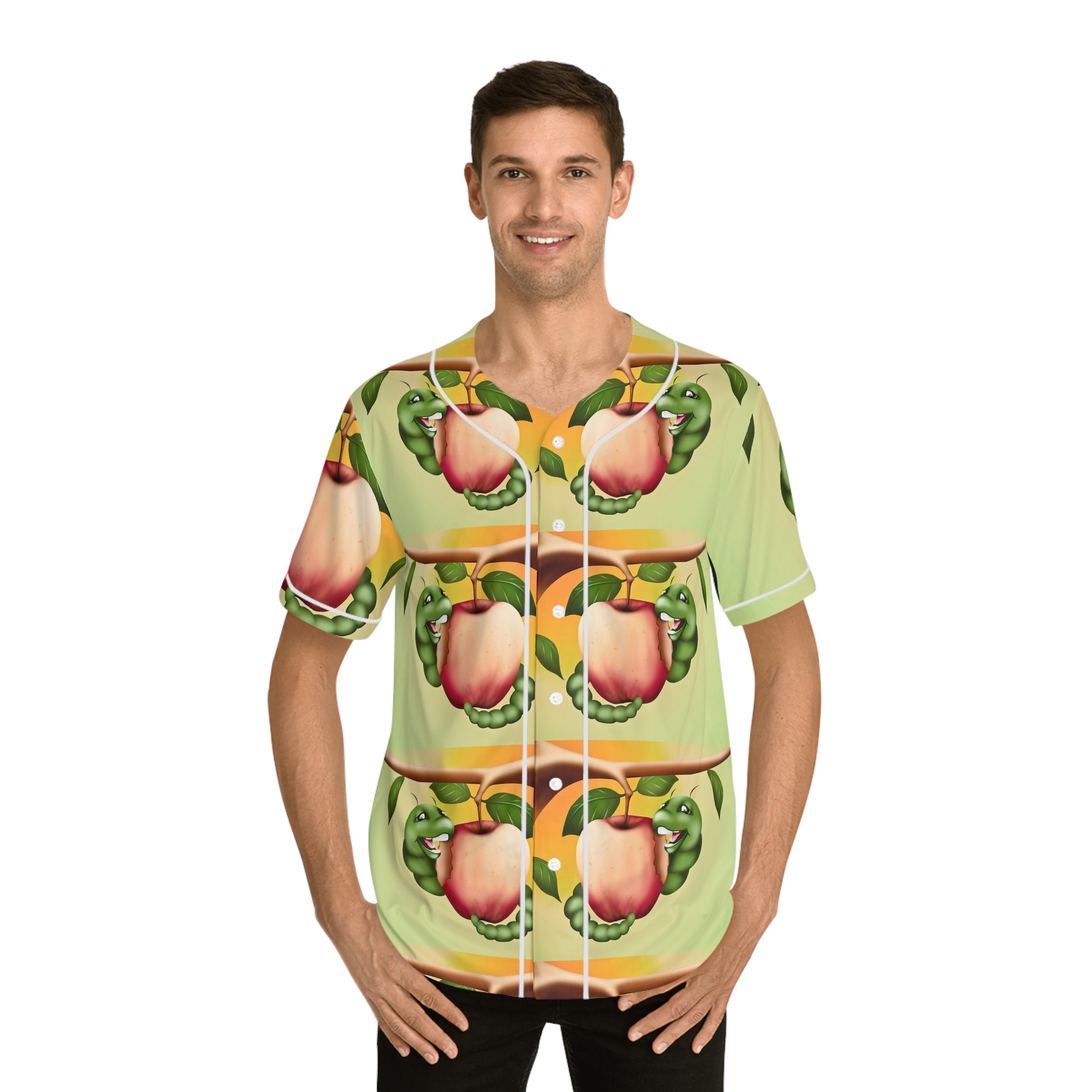 Worm and apple  Men's Baseball Jersey (AOP) (8540468937023)