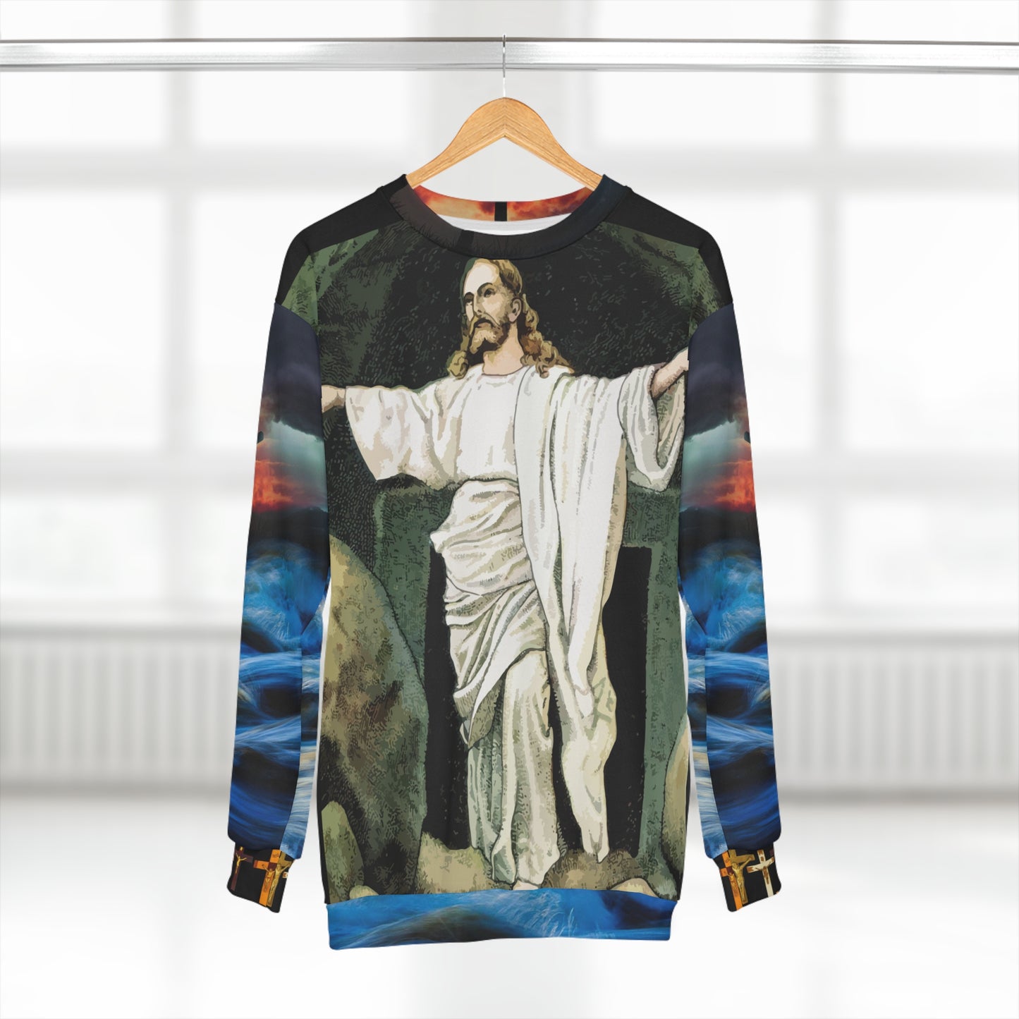 AOP Unisex Sweatshirt Jesus arms spread (8537713344831)