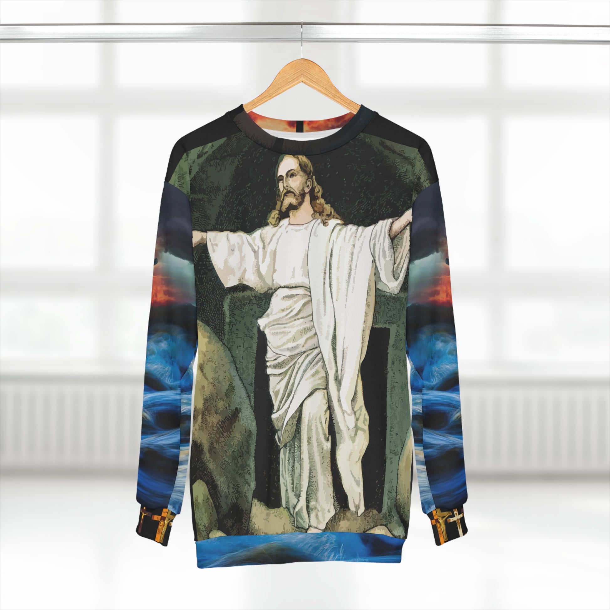 AOP Unisex Sweatshirt Jesus arms spread (8537713344831)